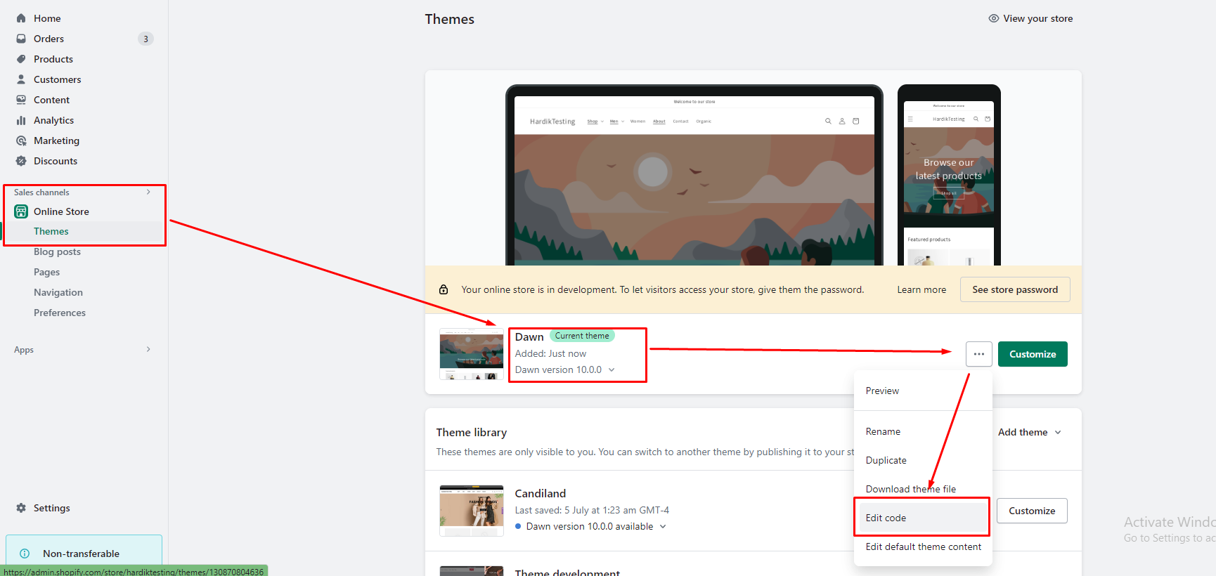 Image explaining how to go to themes editor