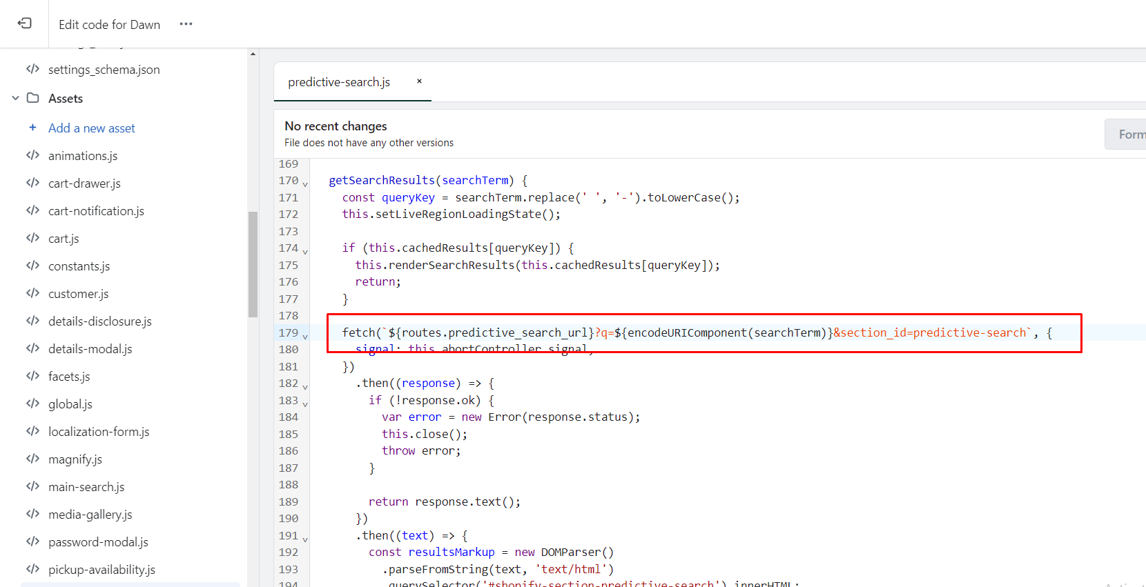 Highlighting modifying code line for predicitve seatch API